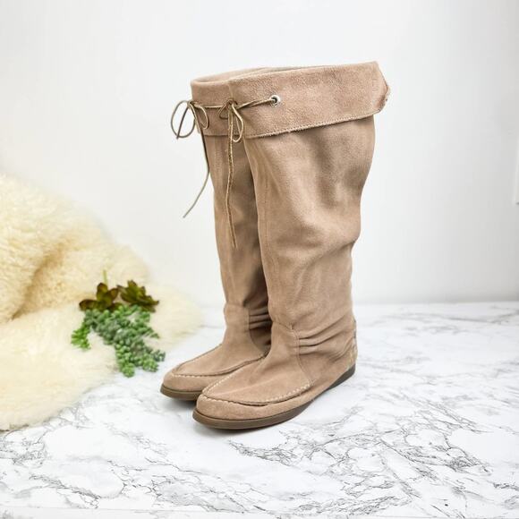 Sperry Top Sider Longpoint Tan Suede Leather Plaid Knee High Moccasin Boots Sz 8 - Picture 1 of 5